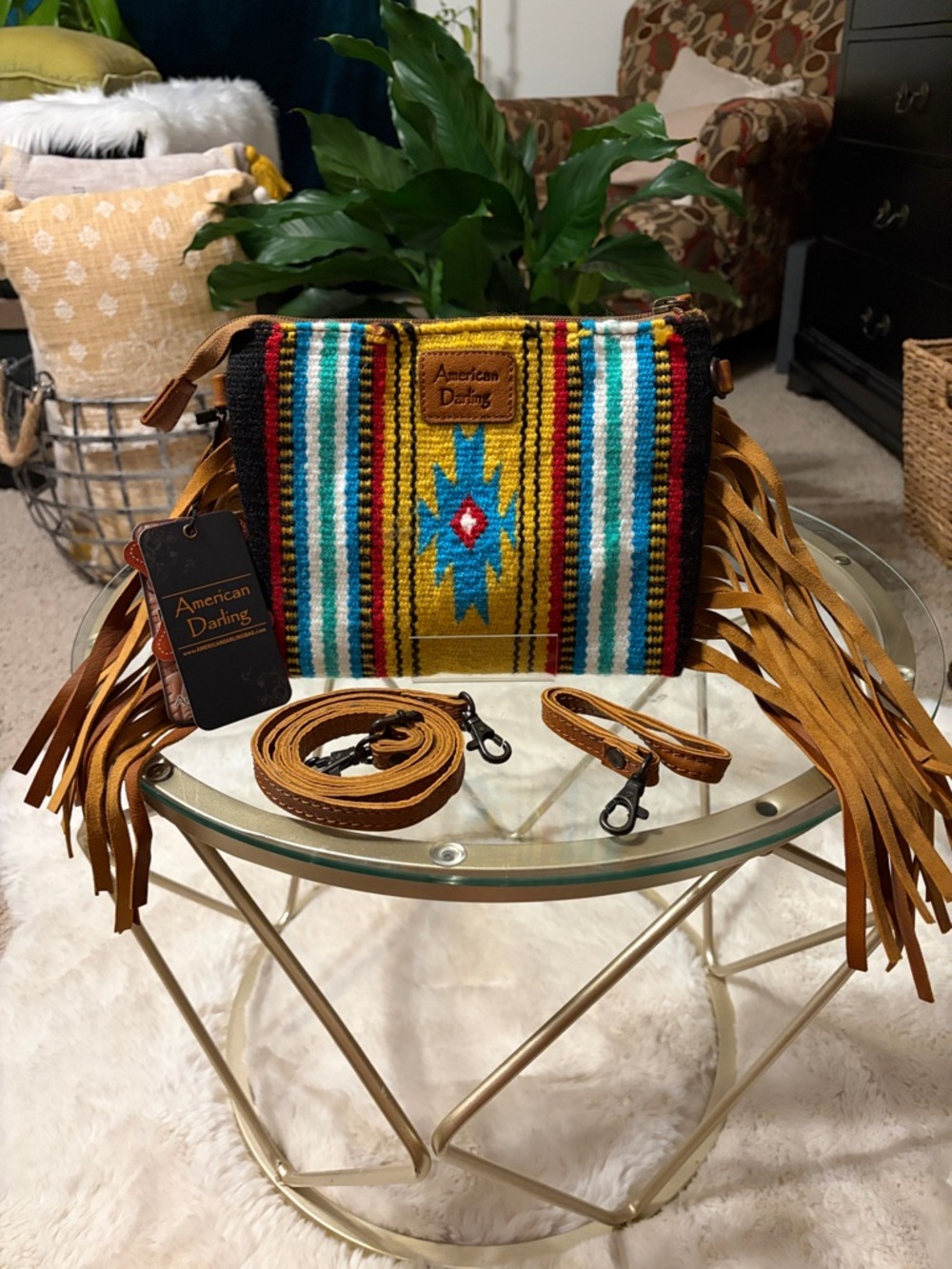 American Darling Tan Leather Fringe Crossbody with Multicolor Southwestern Weave